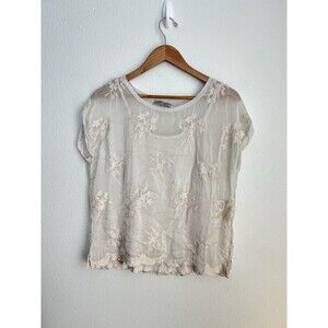 VTG Silk Blouse S Sheer Cream Floral Embroidered Fairy Whimsical Coquette Dainty